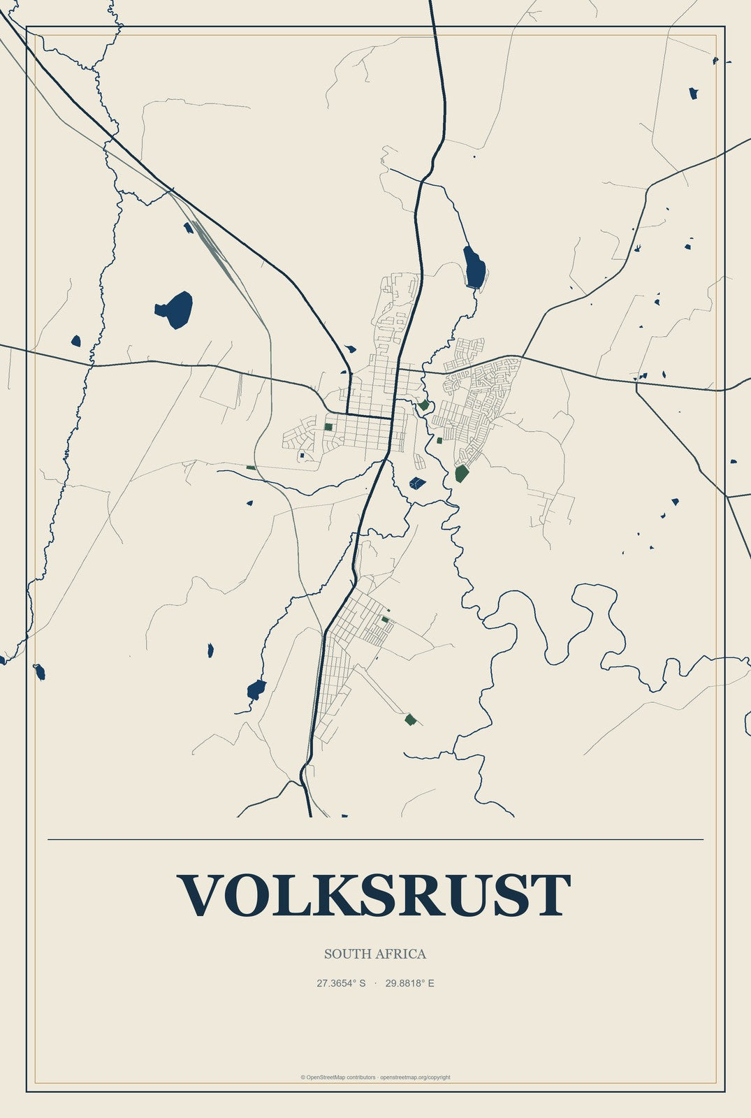 Volksrust, South Africa City Map Aluminum Sign in Coastal Cutout style