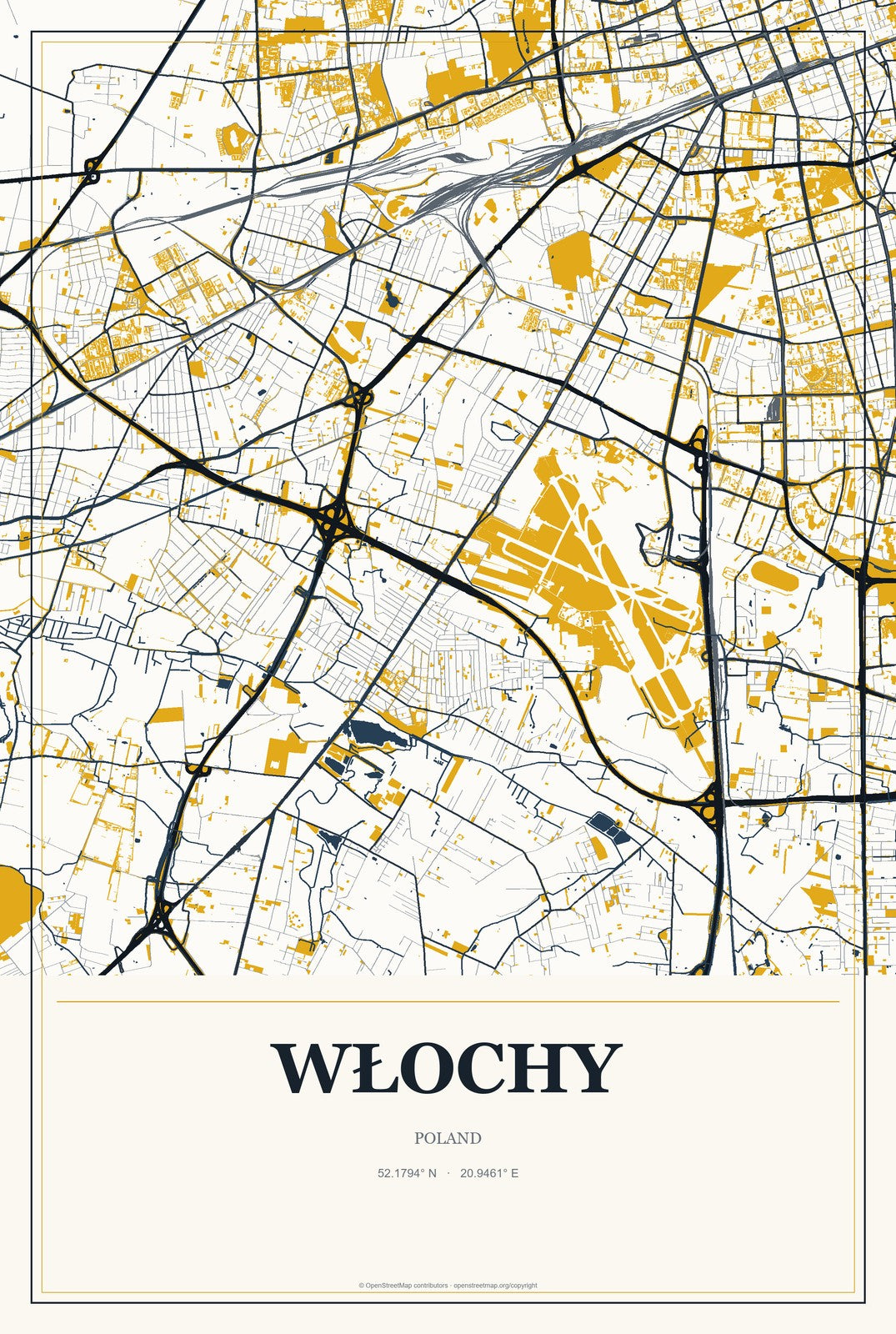 Włochy, Poland City Map Aluminum Sign in Citrine Modern style