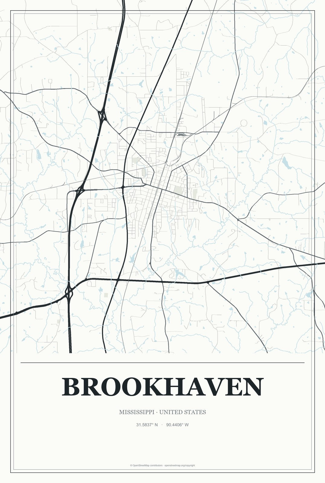 Brookhaven, Mississippi City Map Aluminum Sign in Gallery Air style