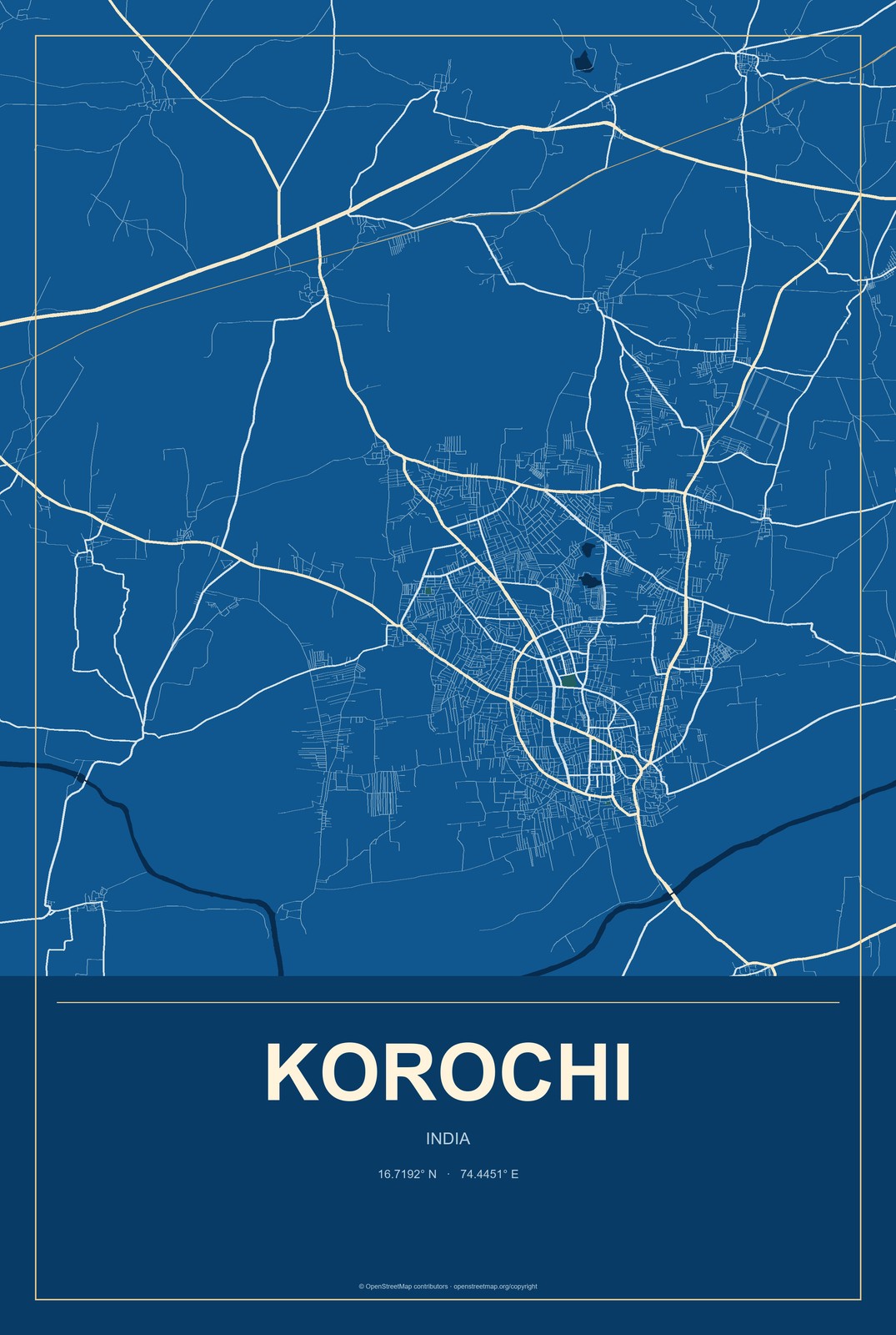 Korochi, India City Map Aluminum Sign in Harbor Cobalt style