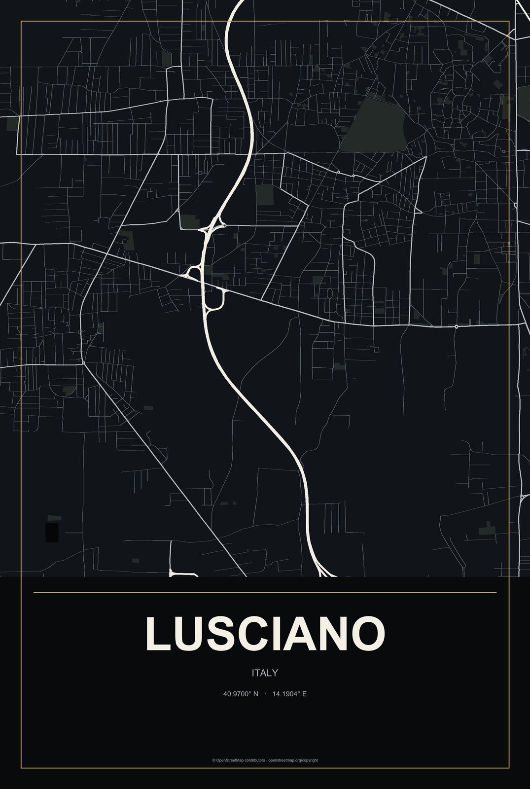 Lusciano, Italy City Map Aluminum Sign in Metropolitan Noir style