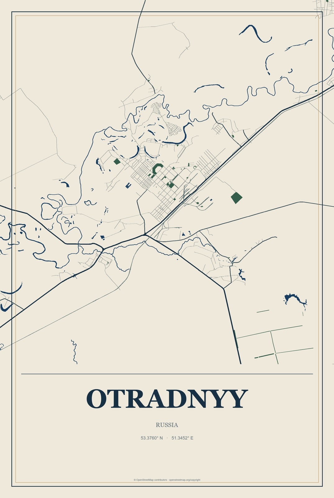 Otradnyy, Russia City Map Aluminum Sign in Coastal Cutout style