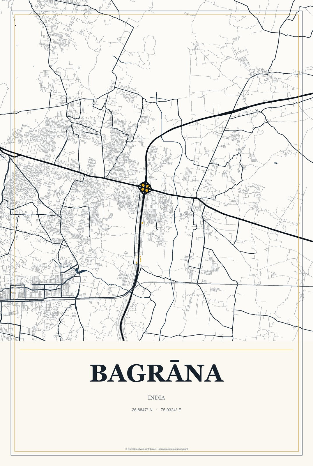 Bagrāna, India City Map Aluminum Sign in Citrine Modern style