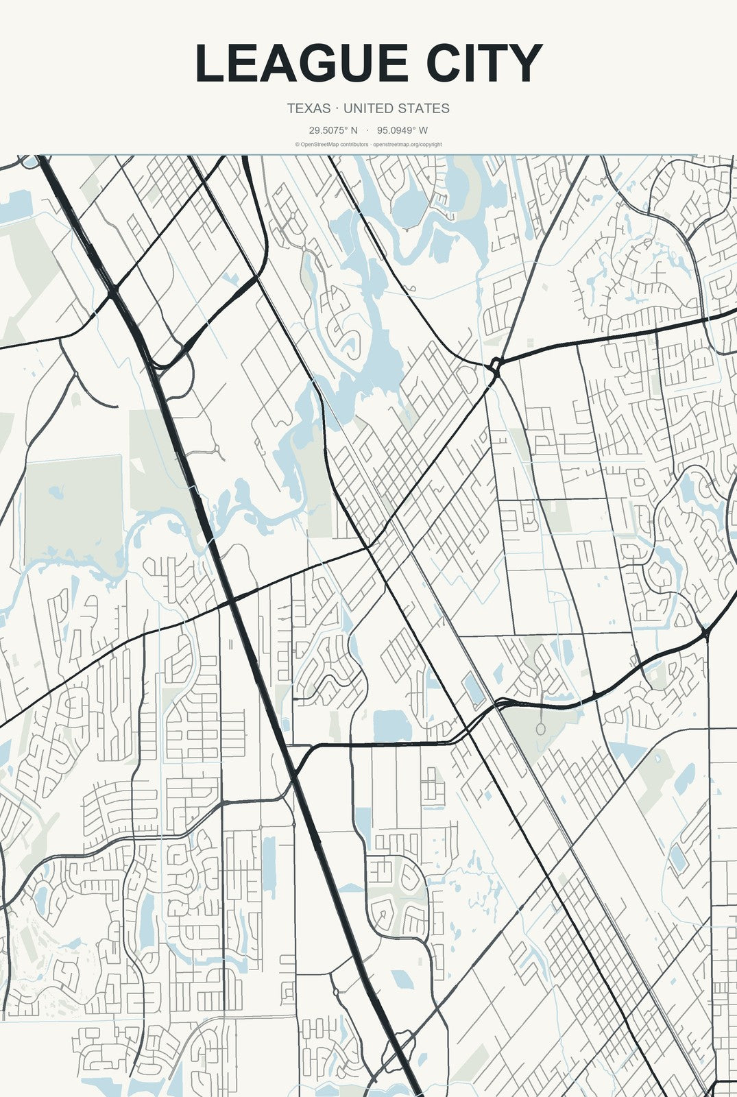 League City, Texas City Map Aluminum Sign in Headline Atlas style
