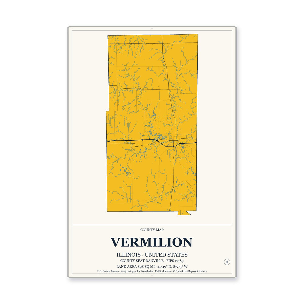 Vermilion County, Illinois Map Aluminum Sign in Citrine Modern style