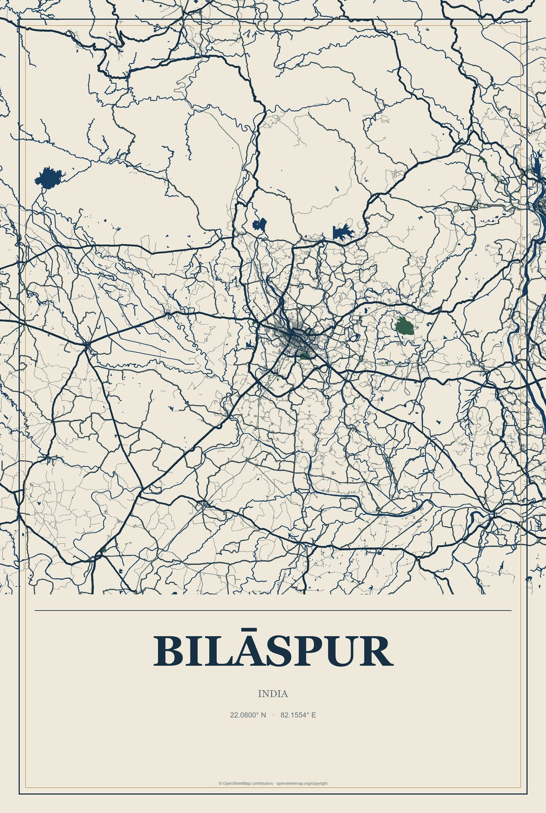 Bilāspur, Chhattisgarh, India City Map Aluminum Sign in Coastal Cutout style