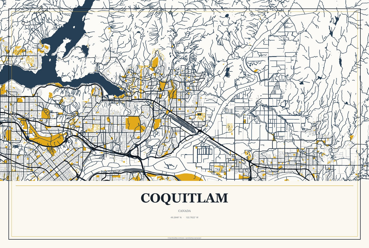 Coquitlam, Canada City Map Aluminum Sign in Citrine Modern style