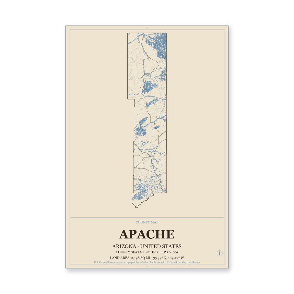 Apache County, Arizona Map Aluminum Sign in Heritage Nautical style