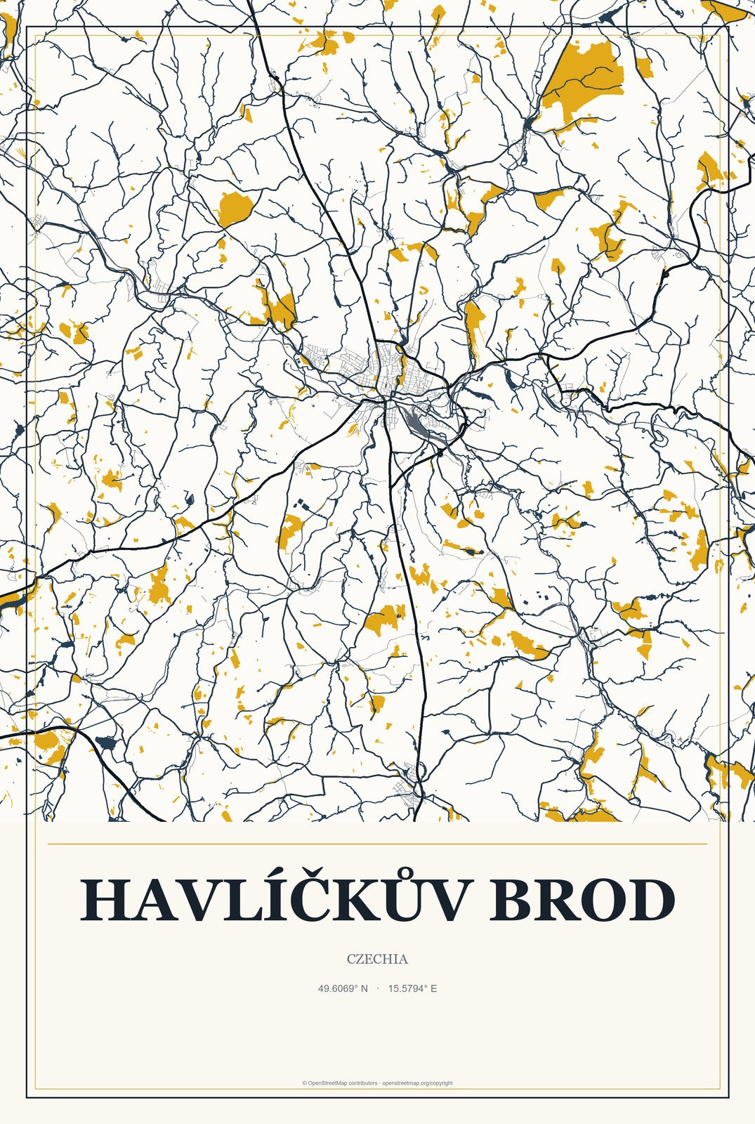 Havlíčkův Brod, Czechia City Map Aluminum Sign in Citrine Modern style