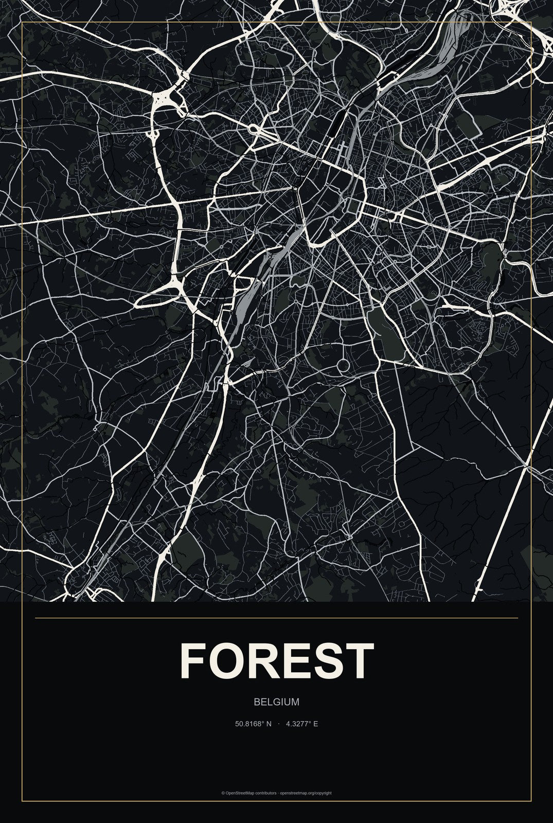 Forest, Belgium City Map Aluminum Sign in Metropolitan Noir style