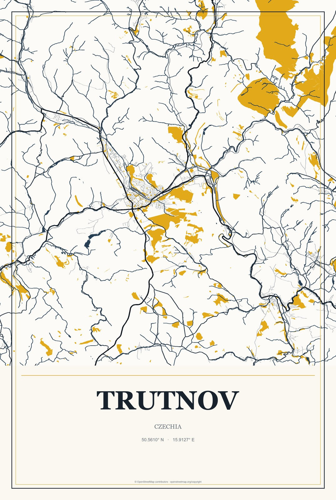 Trutnov, Czechia City Map Aluminum Sign in Citrine Modern style