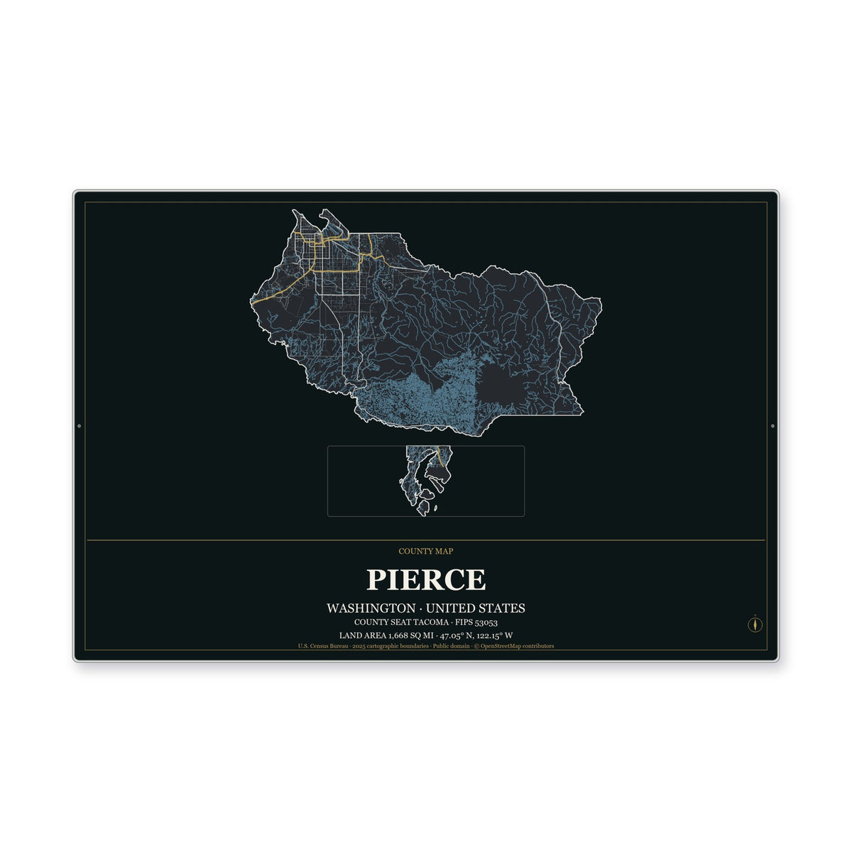 Pierce County, Washington Map Aluminum Sign in Metropolitan Noir style