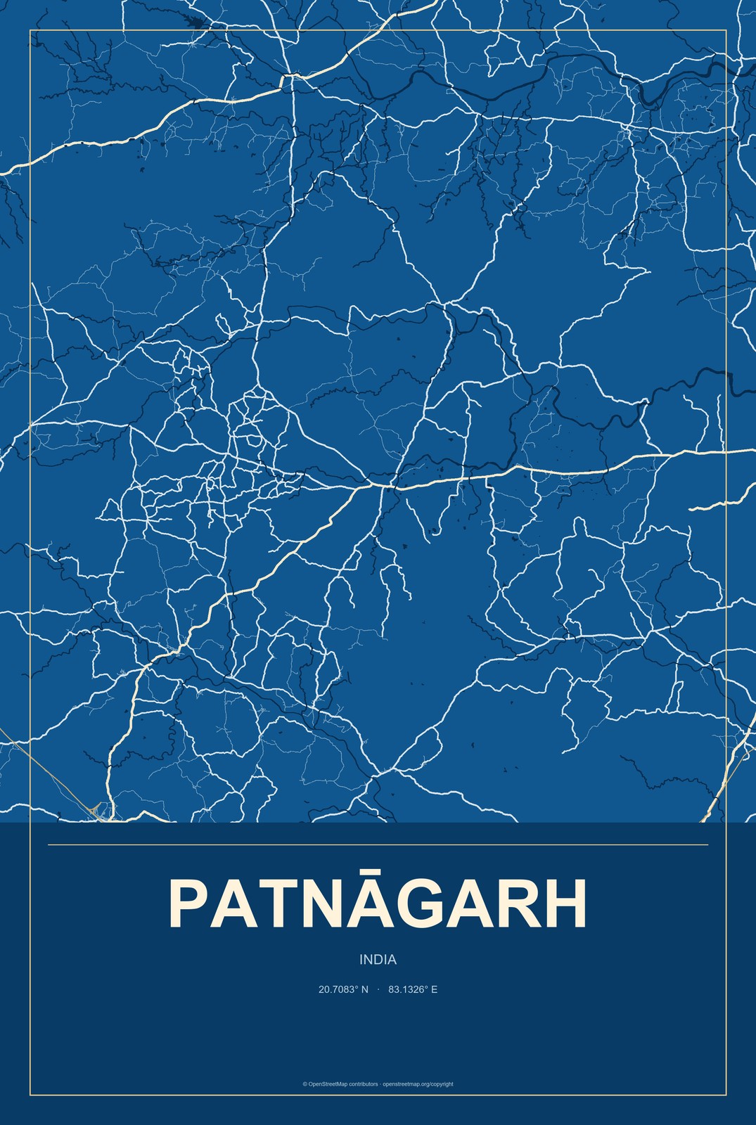 Patnāgarh, India City Map Aluminum Sign in Harbor Cobalt style