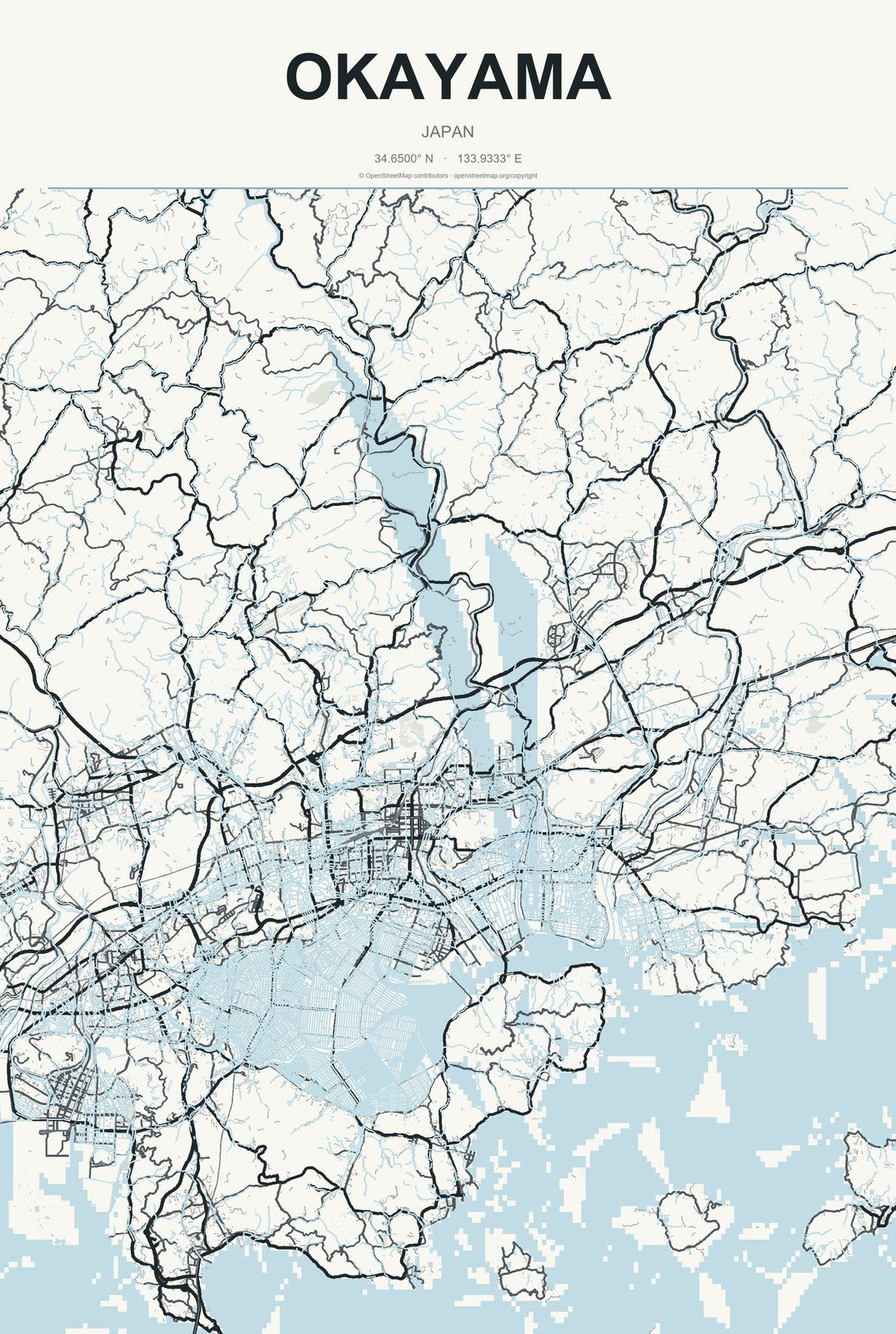 Okayama, Japan City Map Aluminum Sign in Headline Atlas style