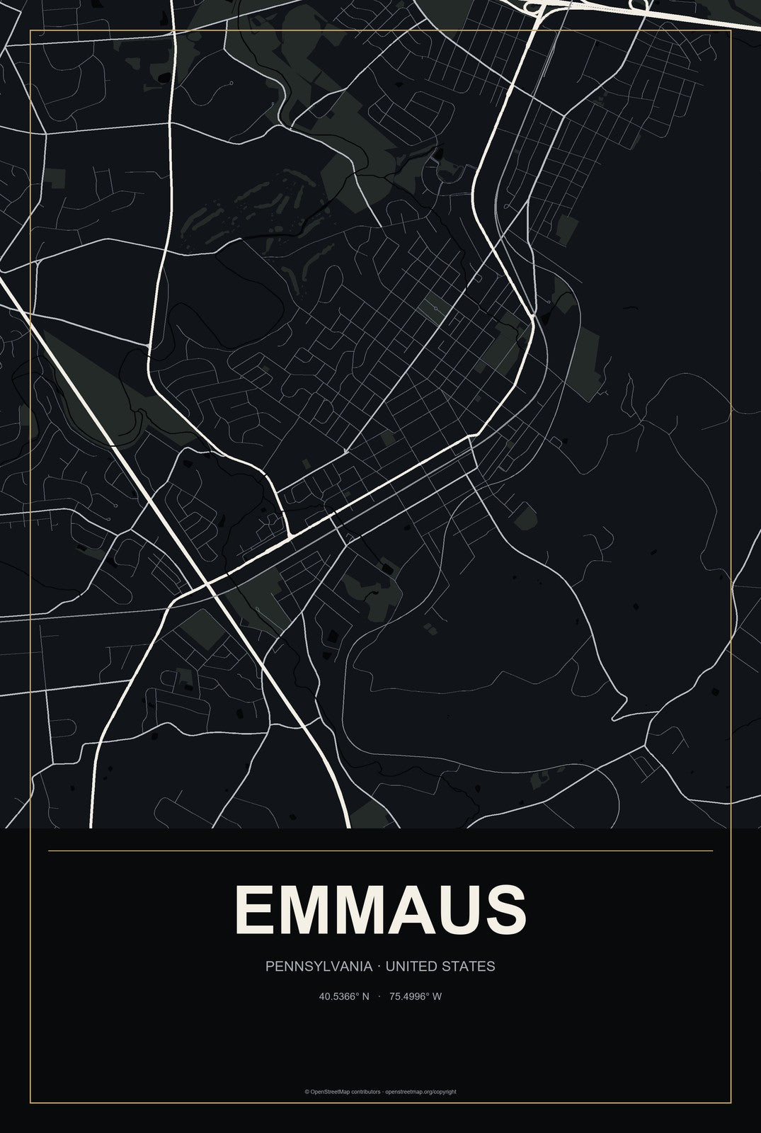 Emmaus, Pennsylvania City Map Aluminum Sign in Metropolitan Noir style