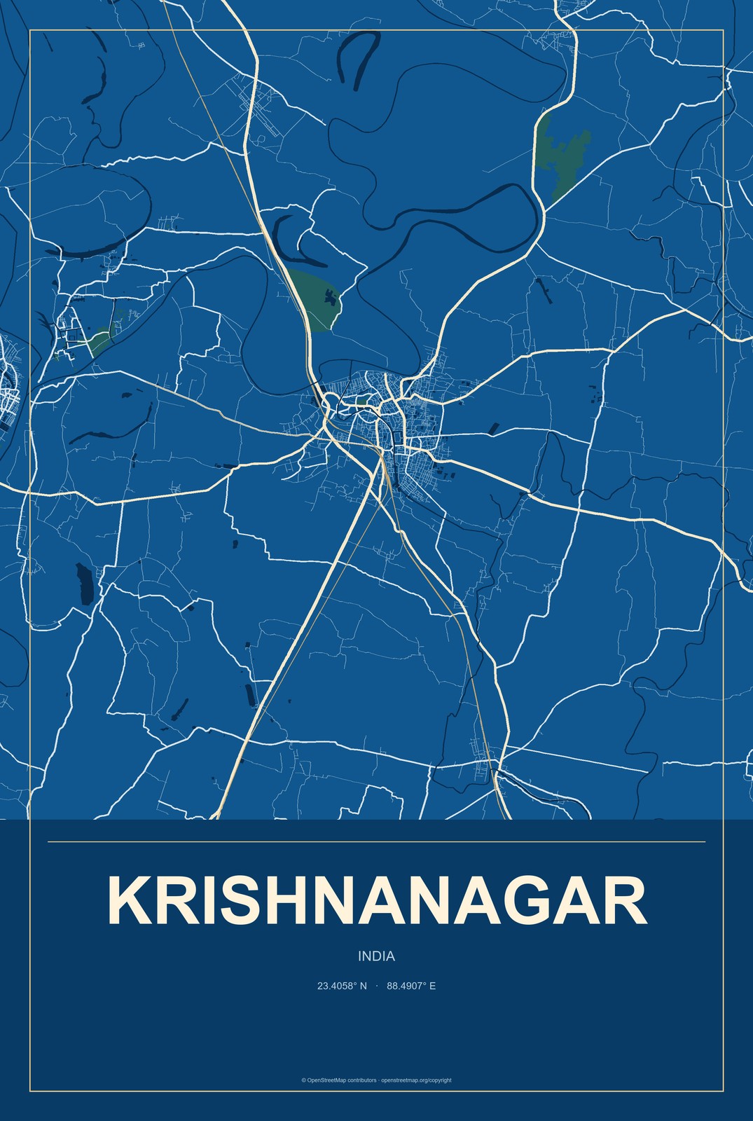Krishnanagar, India City Map Aluminum Sign in Harbor Cobalt style