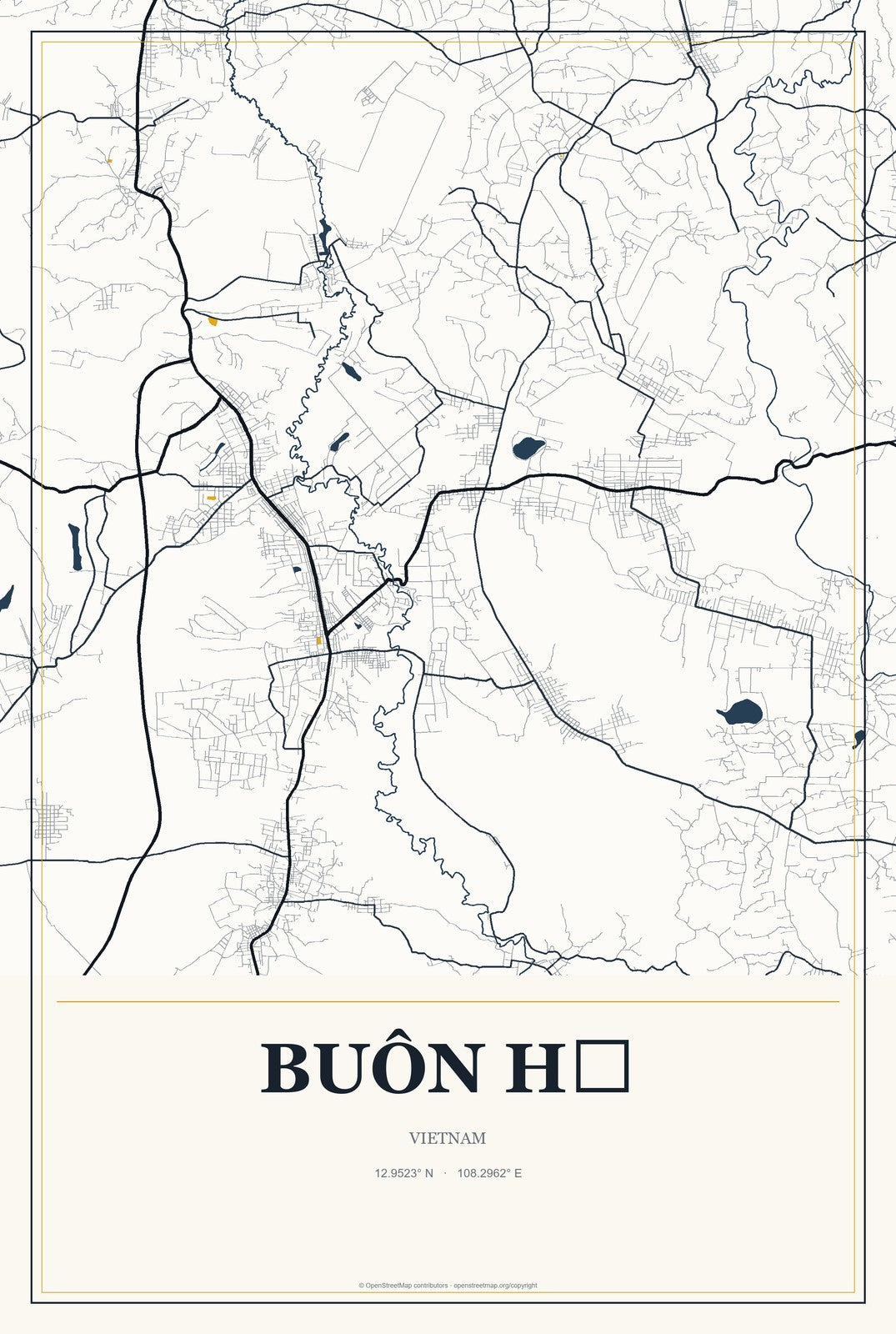 Buôn Hồ, Vietnam City Map Aluminum Sign in Citrine Modern style