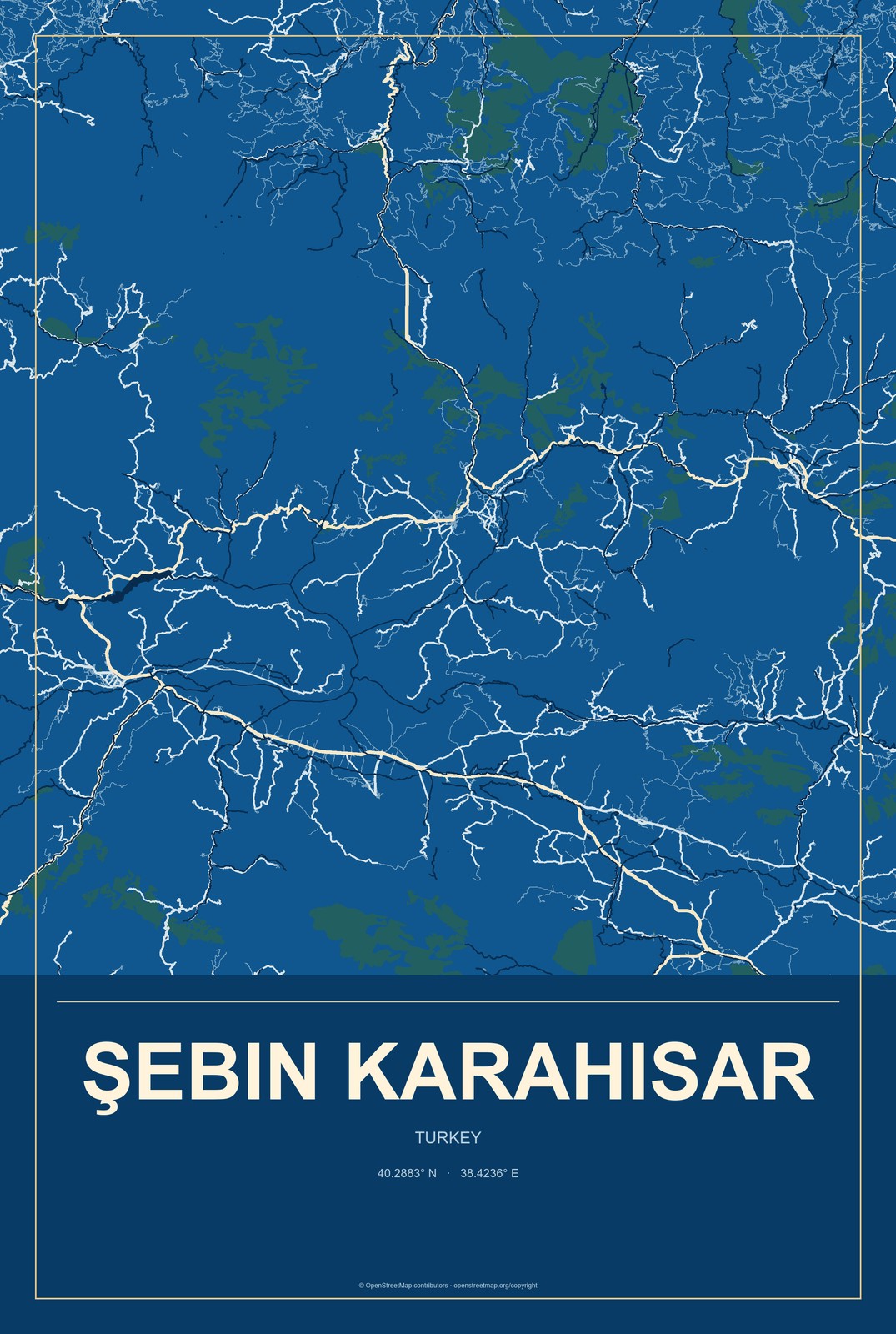 Şebin Karahisar, Turkey City Map Aluminum Sign in Harbor Cobalt style