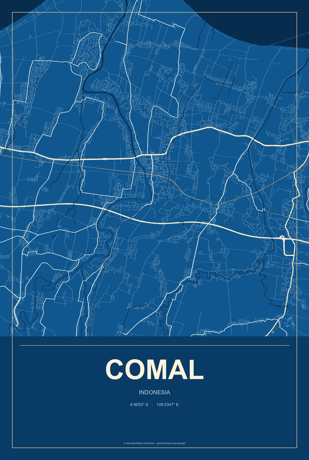 Comal, Indonesia City Map Aluminum Sign in Harbor Cobalt style