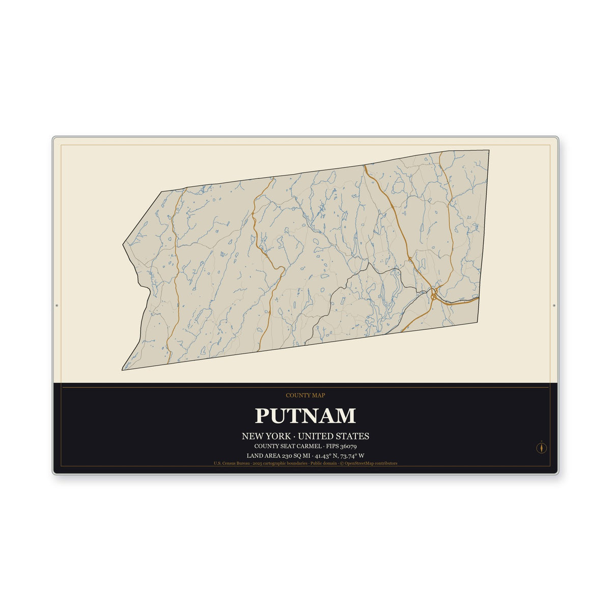 Putnam County, New York Map Aluminum Sign in Museum Plaque style