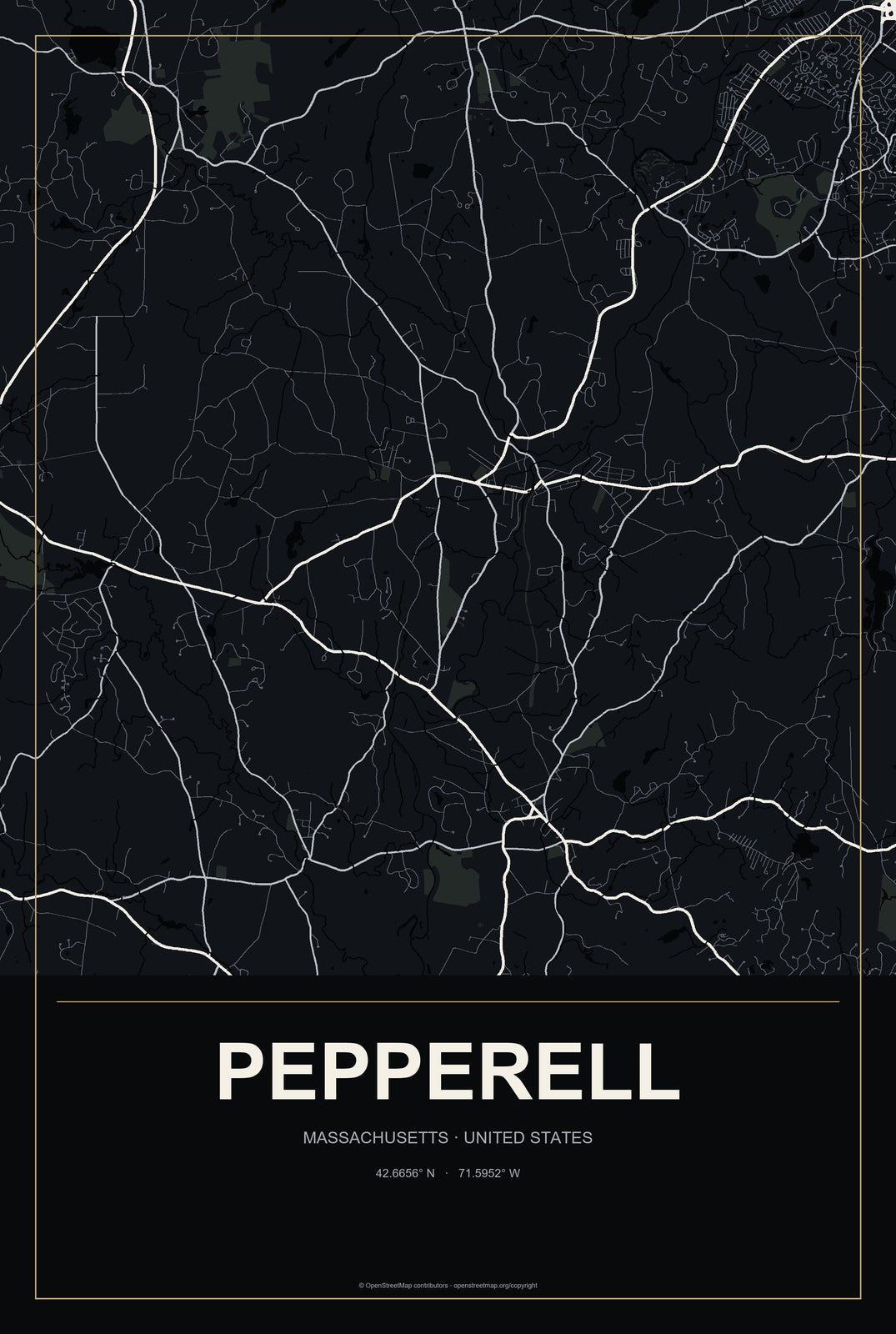 Pepperell, Massachusetts City Map Aluminum Sign in Metropolitan Noir style