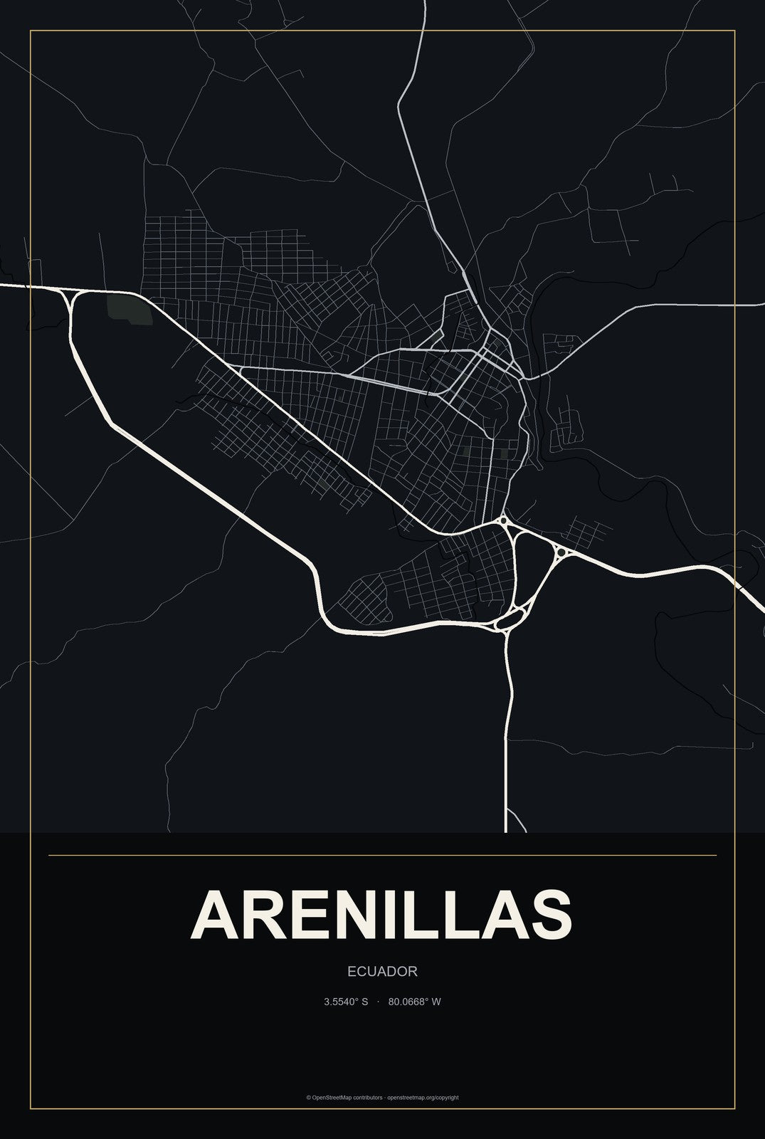 Arenillas, Ecuador City Map Aluminum Sign in Metropolitan Noir style