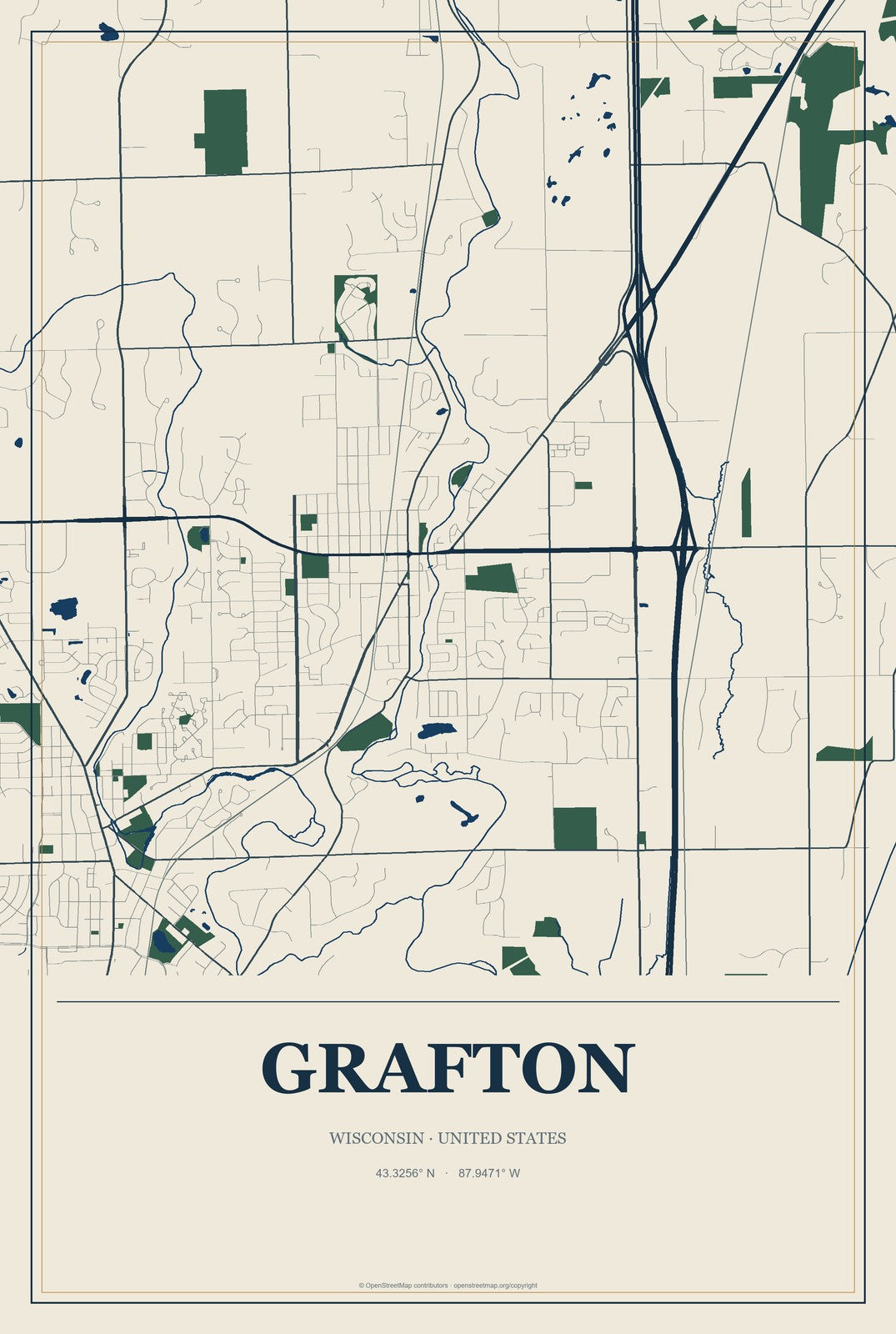 Grafton, Wisconsin City Map Aluminum Sign in Coastal Cutout style