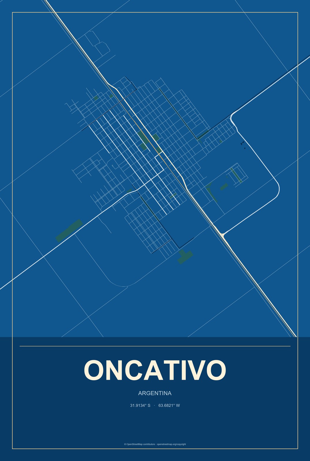 Oncativo, Argentina City Map Aluminum Sign in Harbor Cobalt style