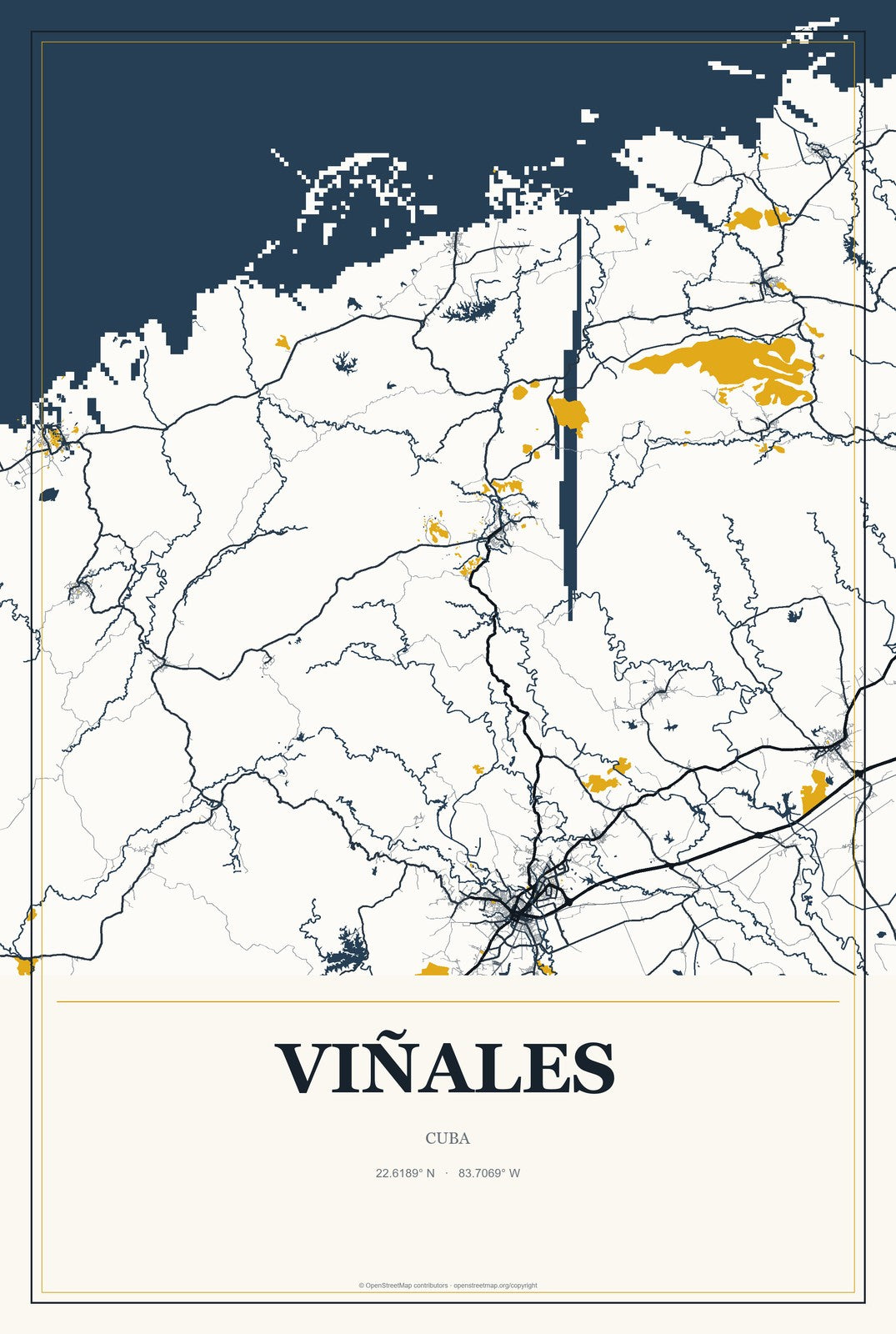 Viñales, Cuba City Map Aluminum Sign in Citrine Modern style