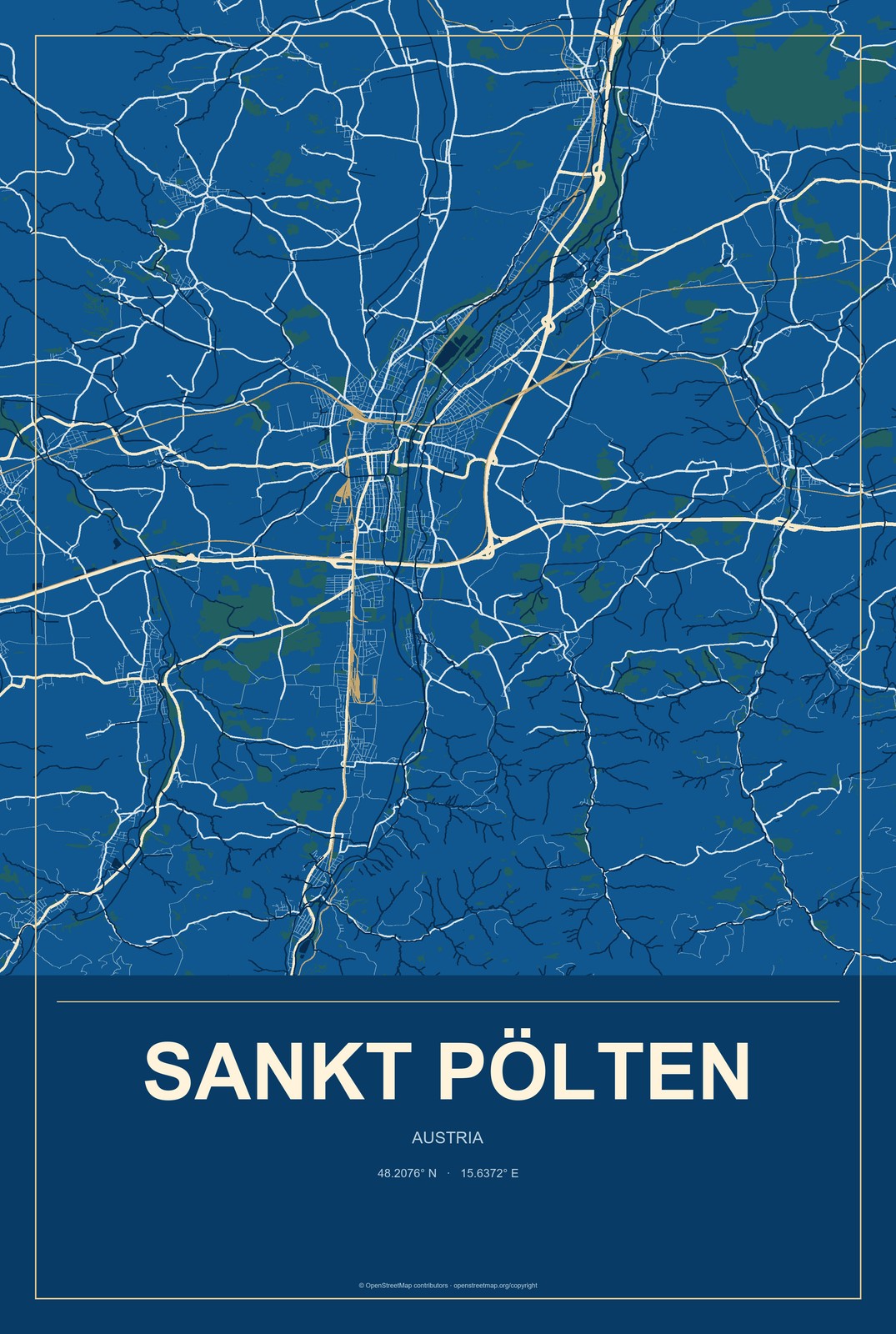 Sankt Pölten, Austria City Map Aluminum Sign in Harbor Cobalt style