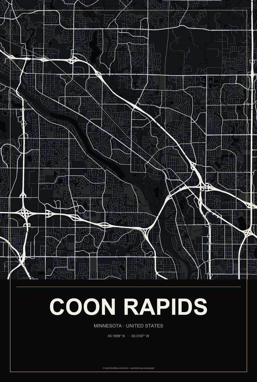 Coon Rapids, Minnesota City Map Aluminum Sign in Metropolitan Noir style