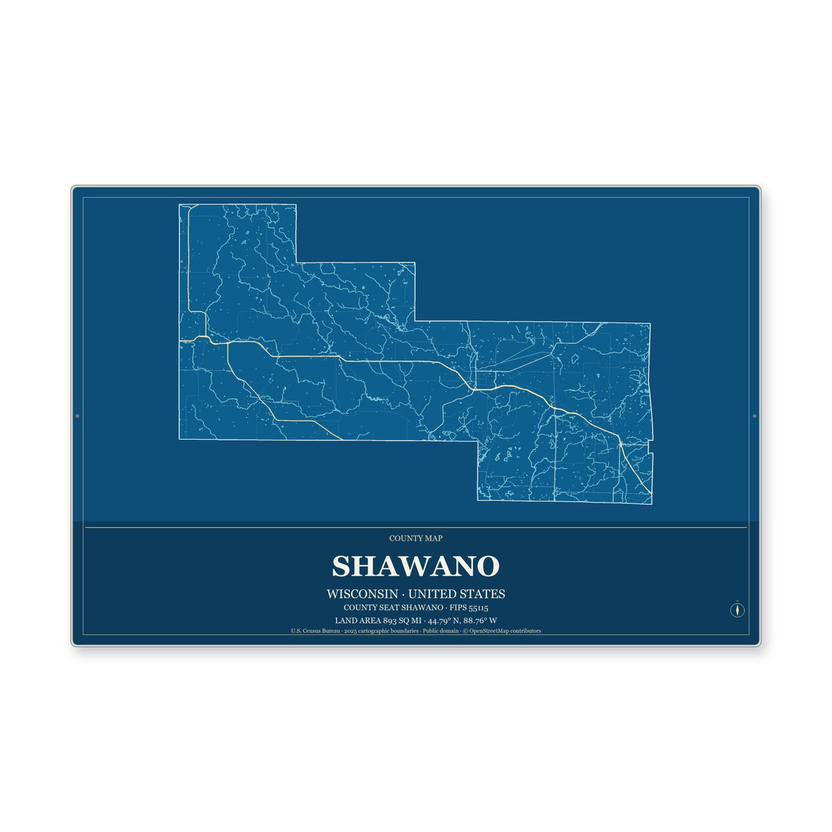 Shawano County, Wisconsin Map Aluminum Sign in Harbor Cobalt style