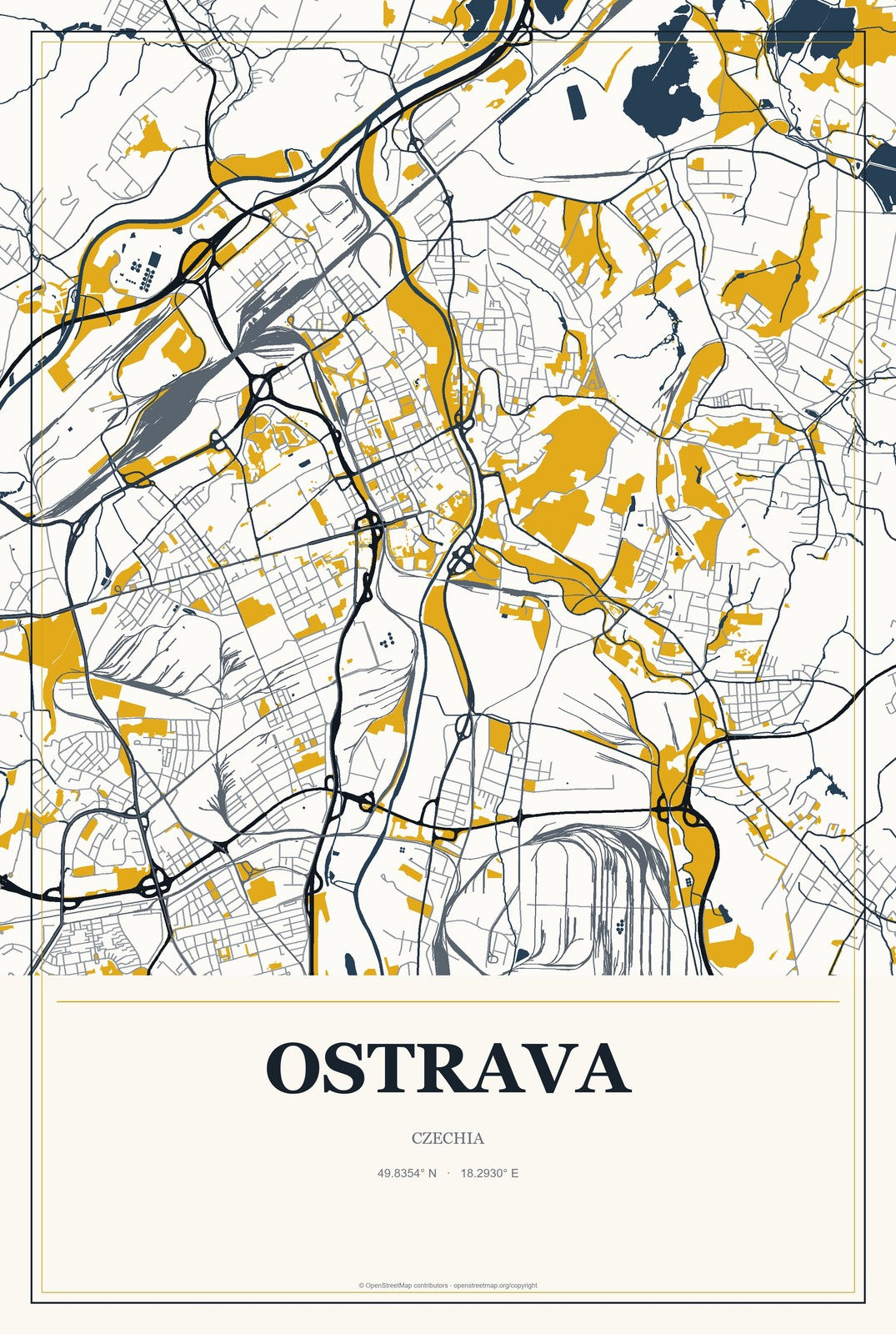 Ostrava, Czechia City Map Aluminum Sign in Citrine Modern style