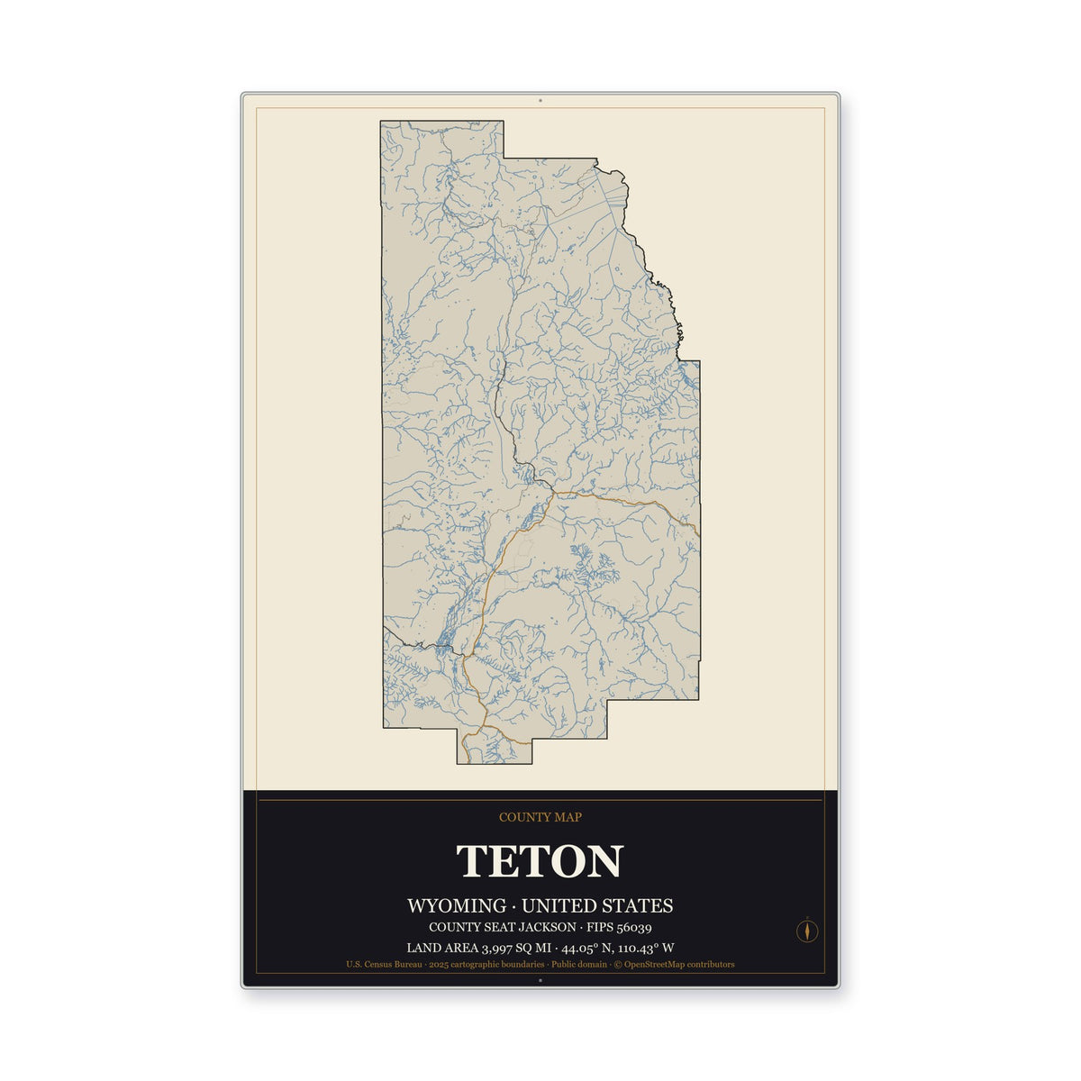 Teton County, Wyoming Map Aluminum Sign in Museum Plaque style