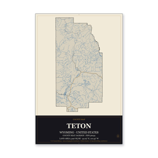 Teton County, Wyoming Map Aluminum Sign in Museum Plaque style