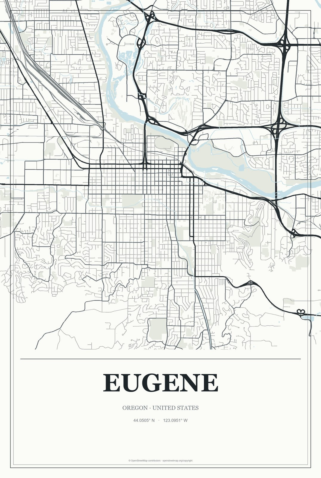 Eugene, Oregon City Map Aluminum Sign in Gallery Air style