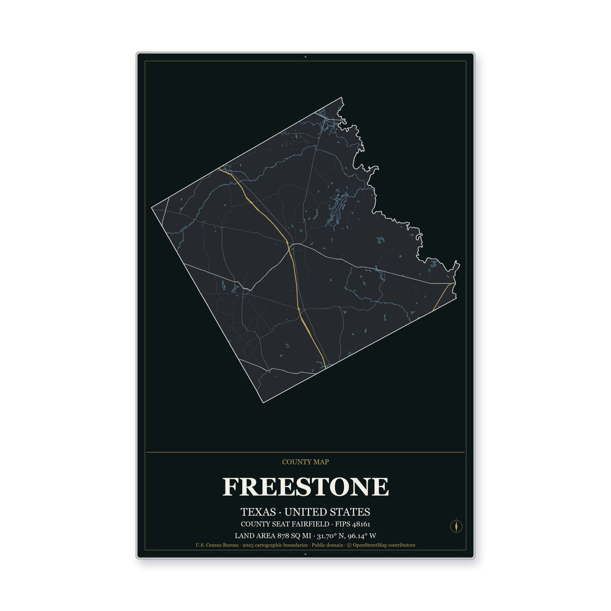 Freestone County, Texas Map Aluminum Sign in Metropolitan Noir style