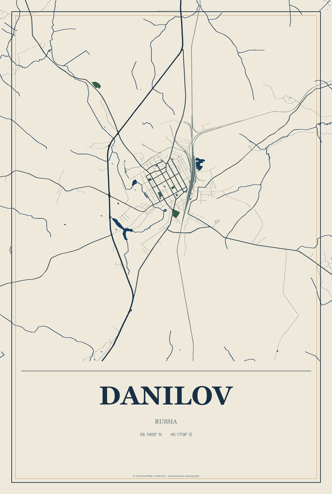 Danilov, Russia City Map Aluminum Sign in Coastal Cutout style