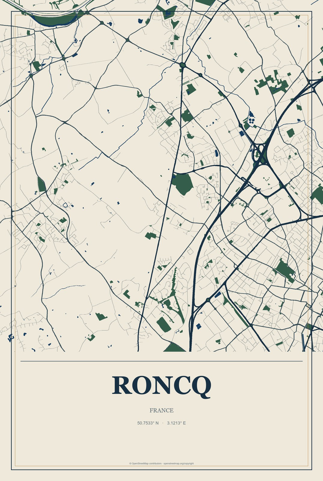 Roncq, France City Map Aluminum Sign in Coastal Cutout style