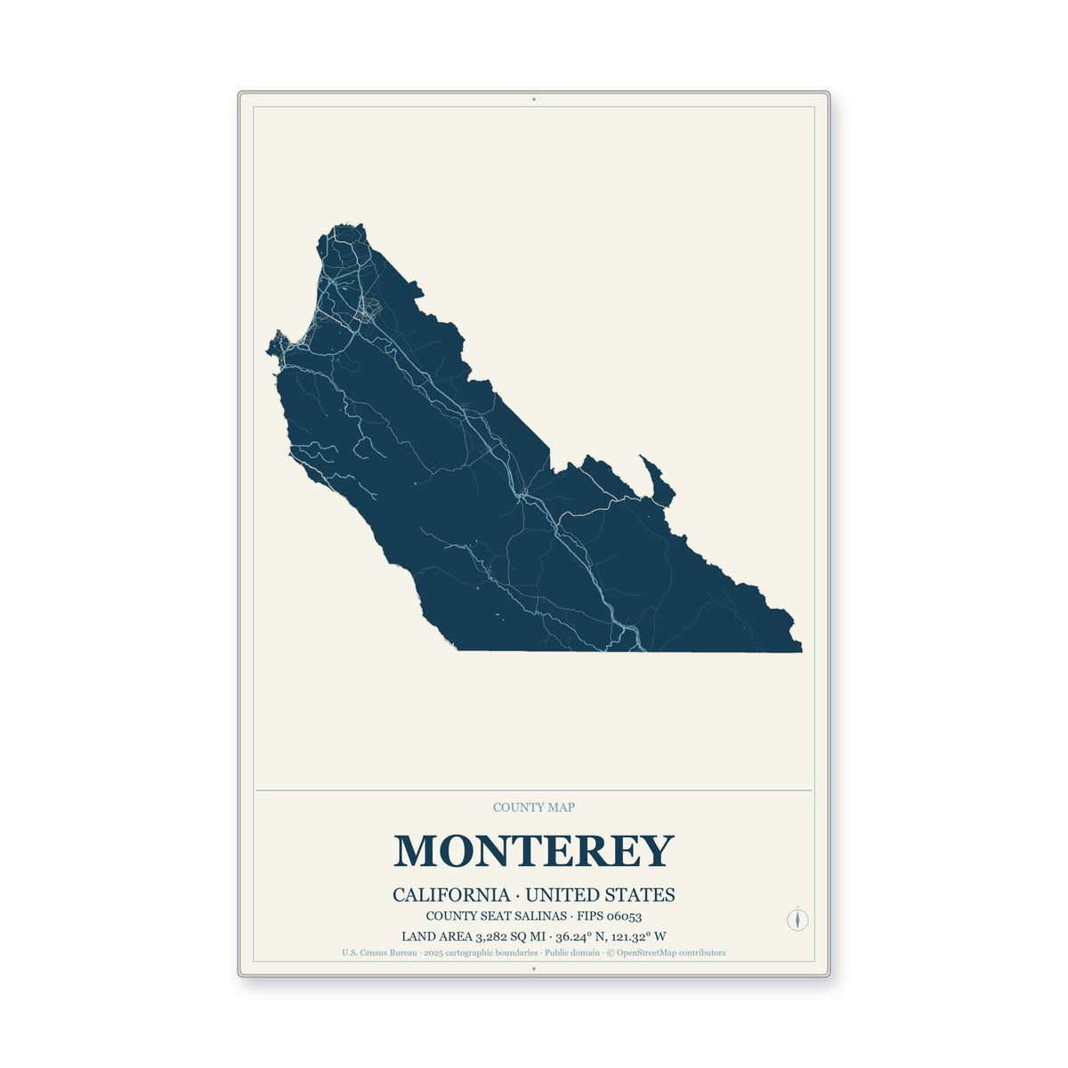 Monterey County, California Map Aluminum Sign in Coastal Cutout style