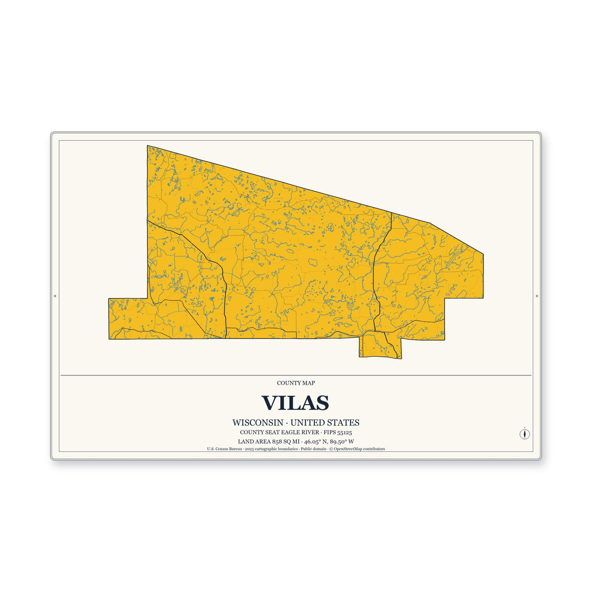 Vilas County, Wisconsin Map Aluminum Sign in Citrine Modern style