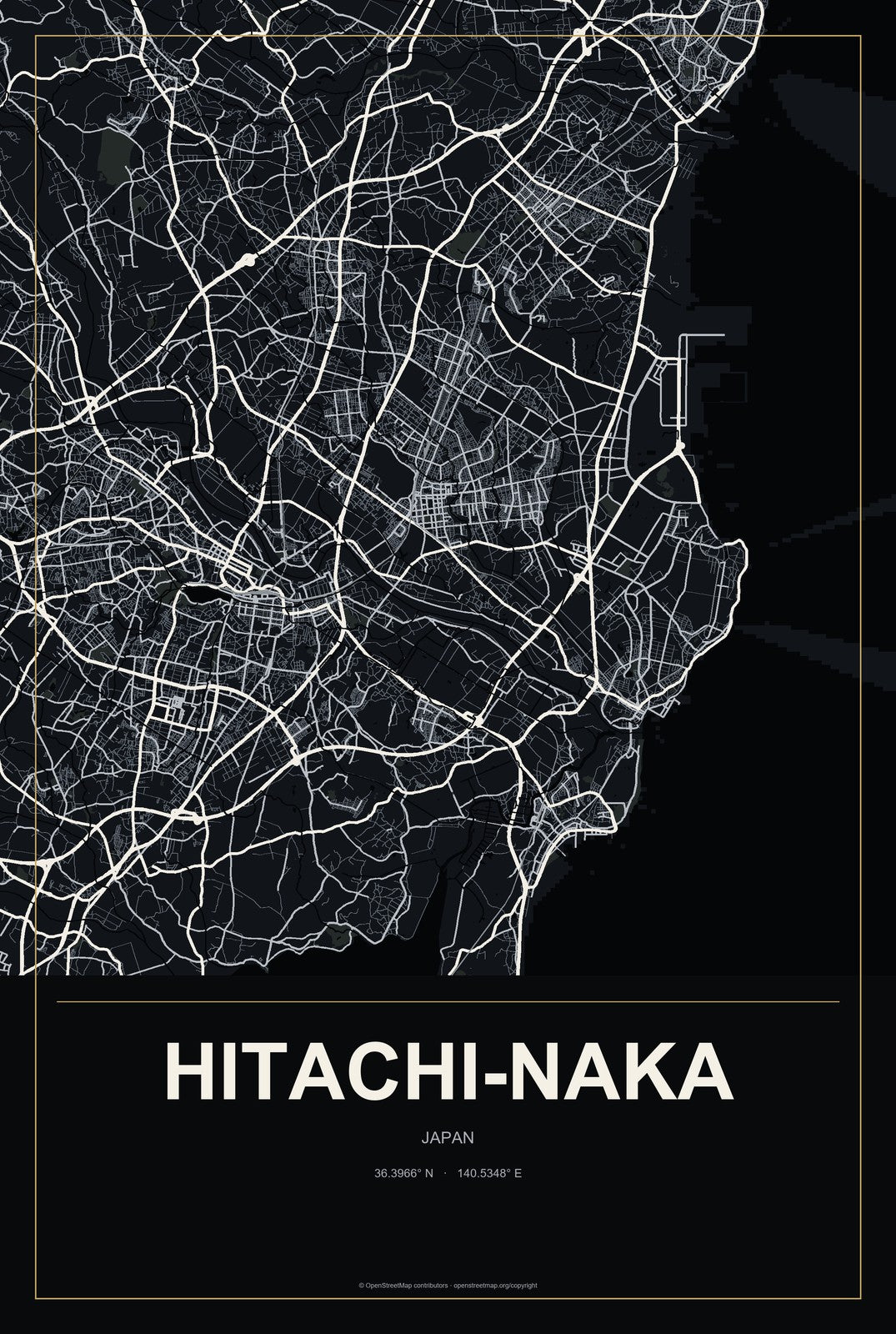 Hitachi-Naka, Japan City Map Aluminum Sign in Metropolitan Noir style