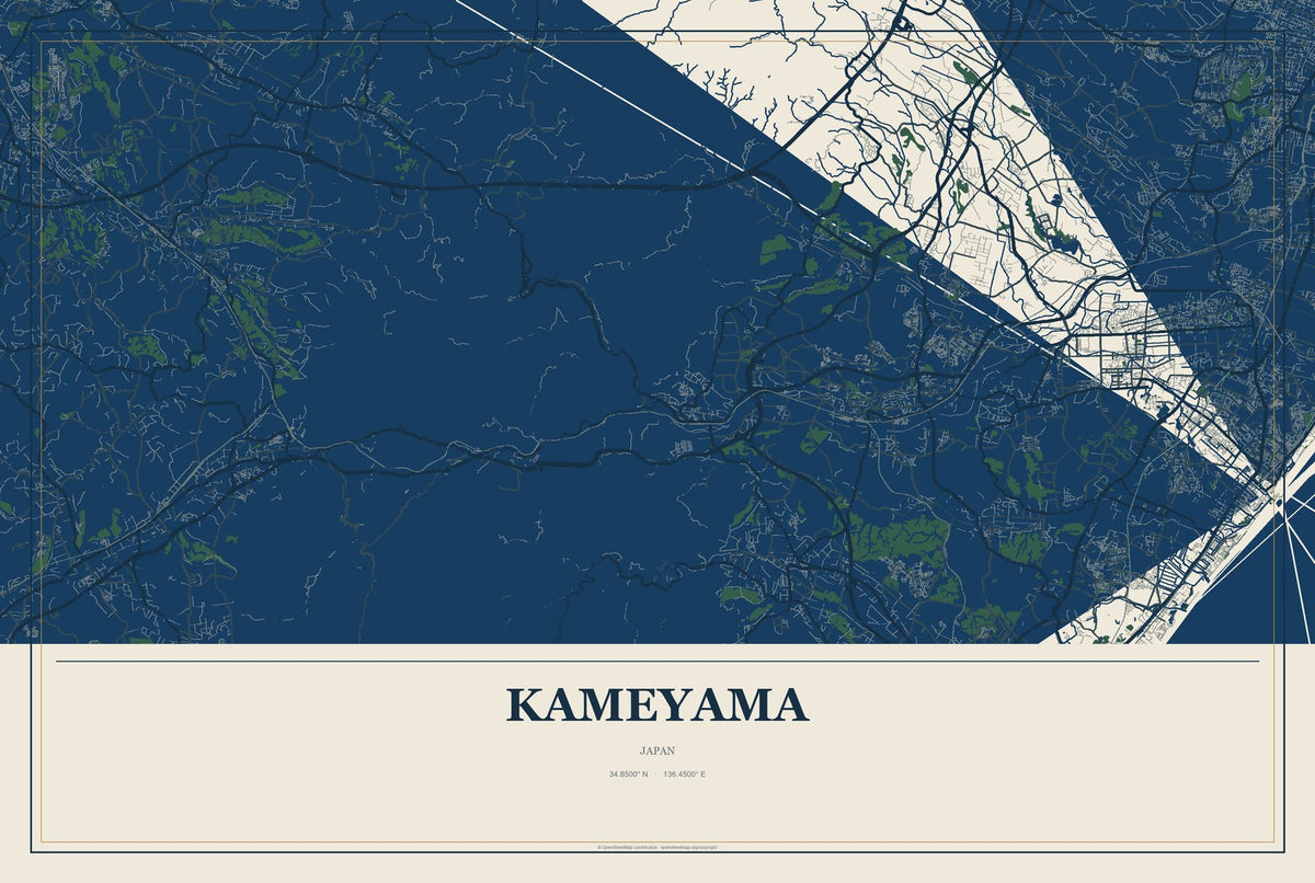 Kameyama, Japan City Map Aluminum Sign in Coastal Cutout style
