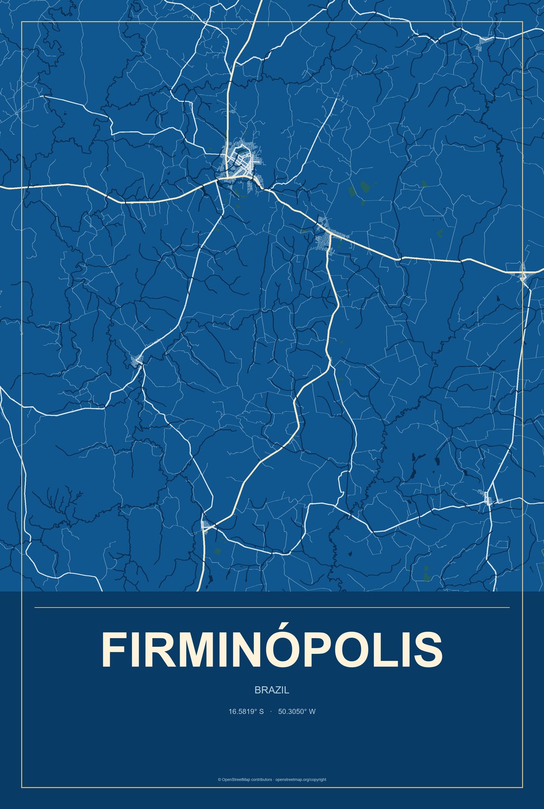 Firminópolis, Brazil City Map Aluminum Sign in Harbor Cobalt style