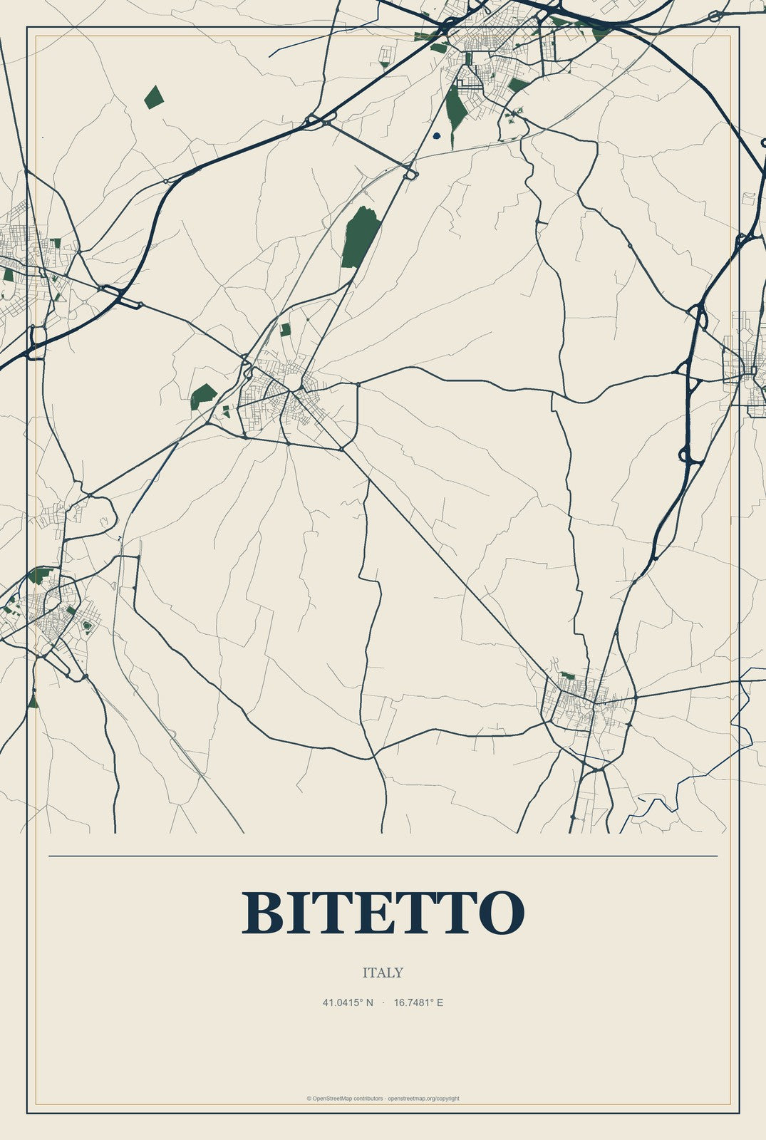 Bitetto, Italy City Map Aluminum Sign in Coastal Cutout style