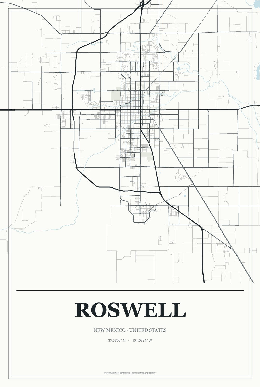 Roswell, New Mexico City Map Aluminum Sign in Gallery Air style