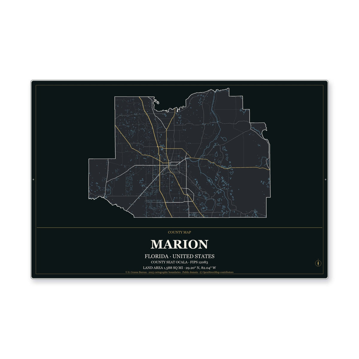 Marion County, Florida Map Aluminum Sign in Metropolitan Noir style