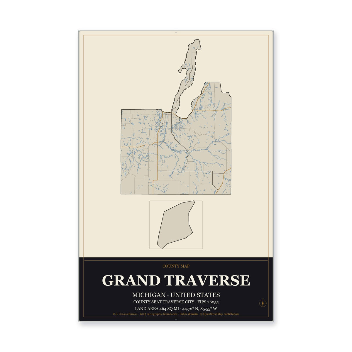 Grand Traverse County, Michigan Map Aluminum Sign in Museum Plaque style
