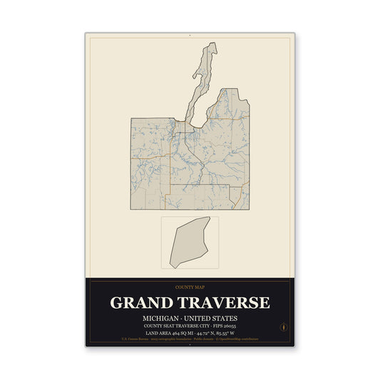 Grand Traverse County, Michigan Map Aluminum Sign in Museum Plaque style