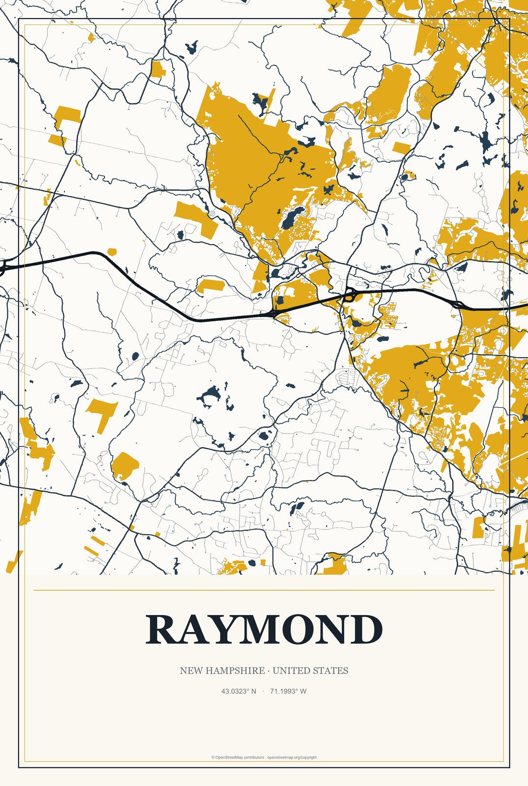 Raymond, New Hampshire City Map Aluminum Sign in Citrine Modern style